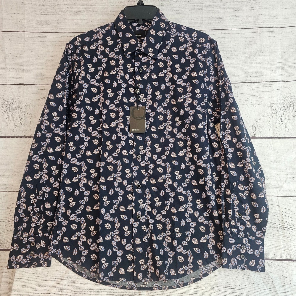Quieti Stretch Cotton S Small Long Sleeve Navy w/ Leaf Pattern Shirt NWT L975 - Picture 3 of 6